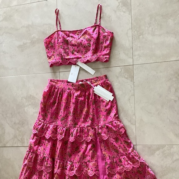 Caroline Constas 2pc Set Crop Spaghetti Top Maxi Skirt Pink Cotton Eyelet Ruffle - Picture 4 of 16